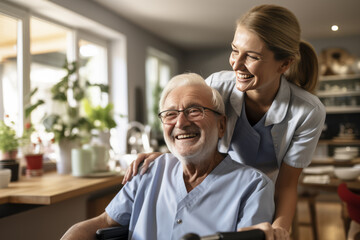 Caring nurse communicates with smiling elderly patient.