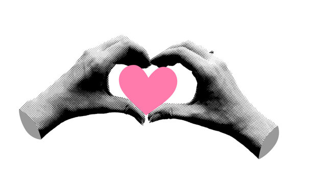 Naklejki Hands in halftone for Valentine's Day card design. Romantic love vector illustration. Y2k collage style for poster, banner