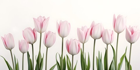 white pink tulip field isolated on white background, close-up from diagonally below, spring concept happy easter