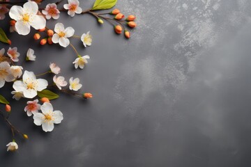  a bunch of white flowers with green leaves on a gray background with a place for a text on the left side of the image is a branch with orange and white flowers.