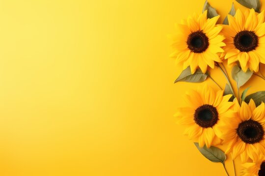  a bunch of yellow sunflowers with green leaves on a yellow background with a place for a text or an image with a place for a name ornament.