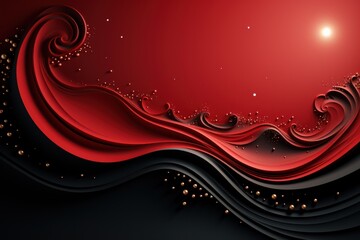  a picture of a red and black background with a sun in the middle of the picture and a wave in the middle of the picture with gold dots on the bottom of the image.