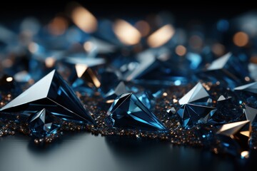  a bunch of shiny blue diamonds sitting on top of a black surface with lots of gold flecks on the edges of the diamonds and the edges of them.