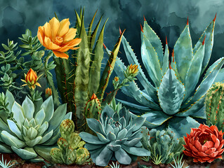 Obraz premium A Watercolor Desert Pattern Of Cactus Plants, A Group Of Colorful Succulents