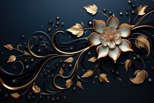 a gold flower on a black background with gold leaves and pearls on the bottom of the image is a gold flower on a black background with gold leaves and pearls on the bottom.