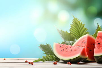 Summer Background, A Watermelon Cut In Half With Leaves And Seeds