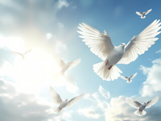 Obraz premium A Flock Of White Doves Flying, A Group Of White Doves Flying In The Sky