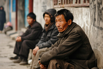 Poor, unemployed and homeless men sitting on the street of Asia, selective focus