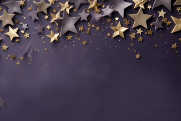  a group of gold and silver stars on a purple background with a place for a text or an image to put on a card or postcard or brochure.