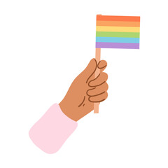 Hand holding rainbow flag. Pride month, lgbtq movement, people diversity, gender equality