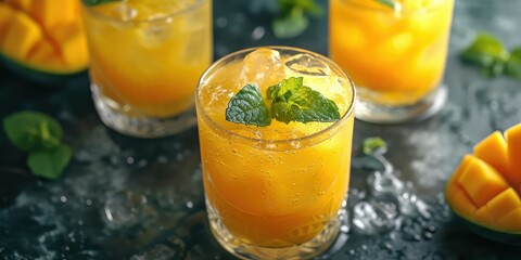 Aam Panna Bliss: A refreshing scene featuring a cool drink made with green mangoes - Mango-infused Refreshment - Soft, natural lighting accentuating the refreshing and tangy qualities