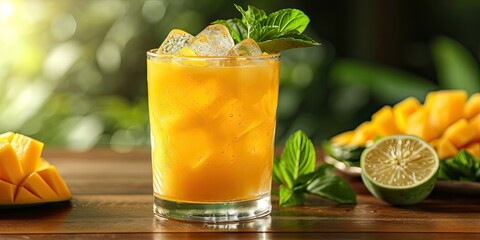 Aam Panna Bliss: A refreshing scene featuring a cool drink made with green mangoes - Mango-infused Refreshment - Soft, natural lighting accentuating the refreshing and tangy qualities - obrazy, fototapety, plakaty