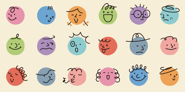 丸の上に描かれた、いろいろな色と表情の抽象的な顔のビンテージ風の手描きのベクターイラスト