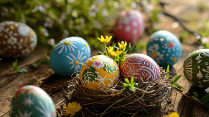 Fototapeta na wymiar Decorated Easter eggs in a basket on the grass with flowers in the sunlight, with space for text