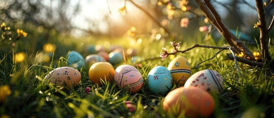 Fototapeta na wymiar Decorated Easter eggs on the grass with flowers in the sunlight, with space for text