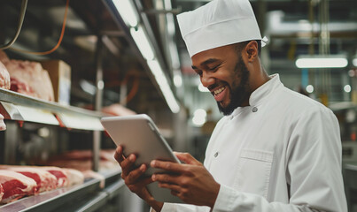 A happy meat industry supervisor is scrolling on a tablet and smiling at it - obrazy, fototapety, plakaty