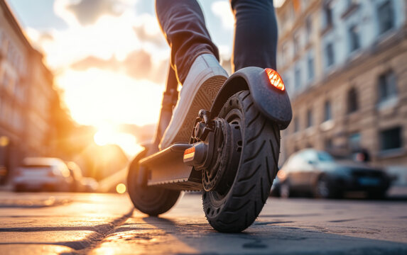 vue au ras du sol d'une personne sur sa trottinette dans les rues d'une ville