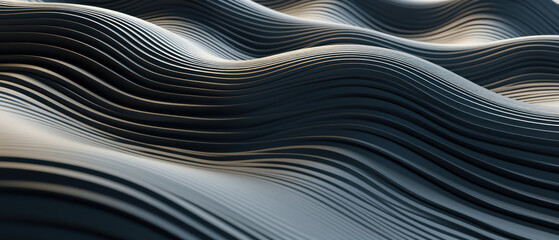 Futuristic black background with 3D geometric patterns and wavy lines.