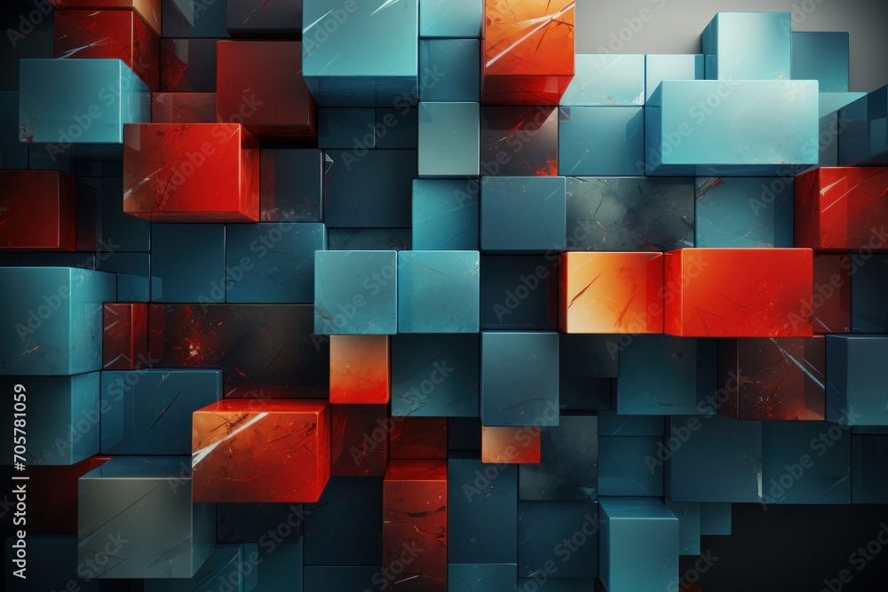 Poster a bunch of cubes that are in the shape of a wall with a red and blue design on it and a black backgr