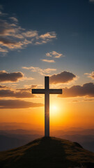 Fototapeta na wymiar Wake card, silhouette of a cross on the mountain with the sun in orange. Reminder concept for a funeral