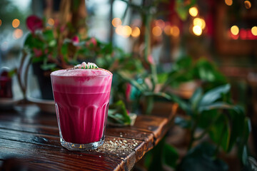 Glass of pink latte with beetroot juice. - obrazy, fototapety, plakaty
