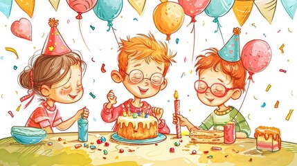 Vibrant Birthday Bliss: A Whimsical Watercolor Scene with Balloons, Cake, and Nature Magic.