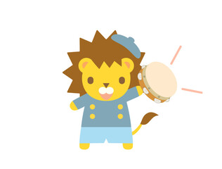 タンバリンを叩くライオンのイラスト