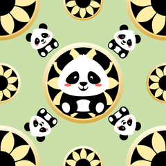 Happy cute sweet panda seamless wallpaper background vector.