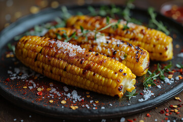 Grilled corncob with butter salt and chili flake. - Powered by Adobe