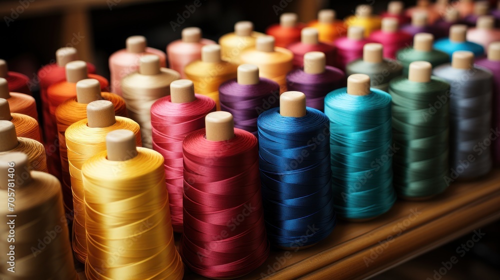 Poster a row of spools of thread sitting on a wooden table next to a row of spools of thread on top of each