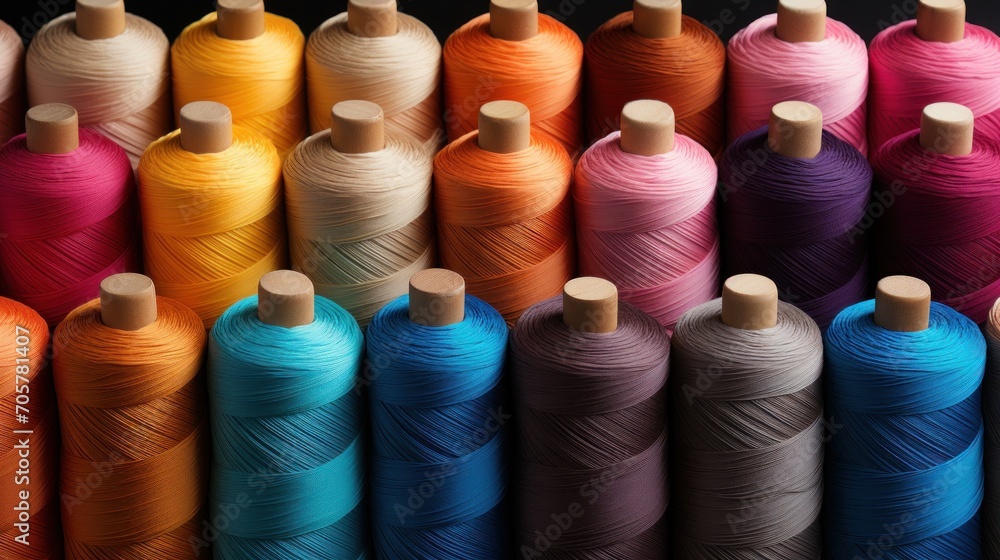 Poster a row of multicolored spools of thread with wooden spools in the middle of each spool of the spool o