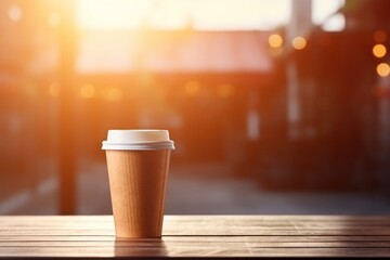  a cup of coffee sitting on top of a wooden table in front of a blurry background of a city street and a train on the other side of the road.