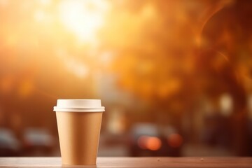  a cup of coffee sitting on a table in front of a blurry background of a street with cars and a tree in the middle of the picture is a blurry light.