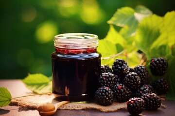  a jar of blackberry jam next to a bunch of blackberries and a wooden spoon with a wooden spoon resting next to it on a piece of cloth with green leaves. - obrazy, fototapety, plakaty