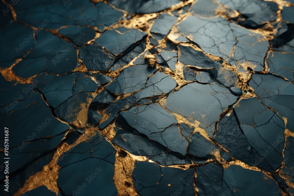 Poster a close up of a cracked surface with a blue sky in the background and gold foiling on the top of the