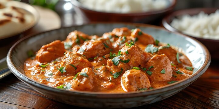 Butter Chicken Bliss: A dining table showcasing tender chicken served in a creamy tomato sauce - Creamy Tomato Chicken Delight - Soft, golden lighting accentuating the creamy and succulent nature