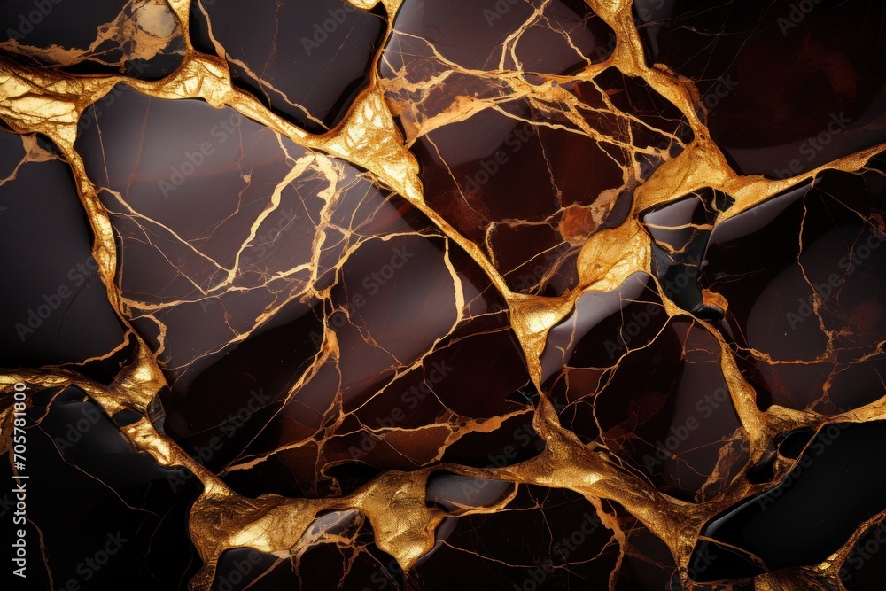 Poster a close up view of a black and gold marbled surface with gold veining on the top of the surface and 