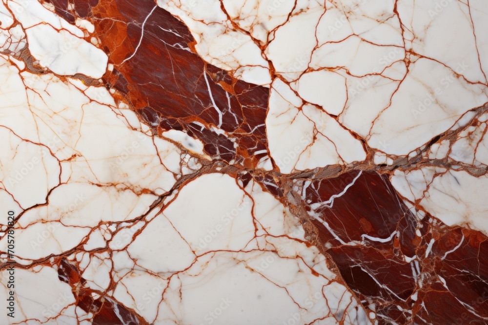 Poster a close up view of a marbled surface with red and white veining on the top and bottom of the marbled