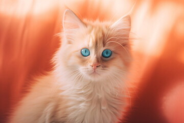 Cute kitten with peach fur and blue eyes sitting against vivid orange background. Ginger kitty. Peach fuzz color concept.
