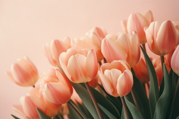 Background with beautiful bouquet of peach fuzz tulip flowers on a solid background. Perfect for Mother's Day, Easter, Women's Day, banner, card, postcard, poster, backdrop.