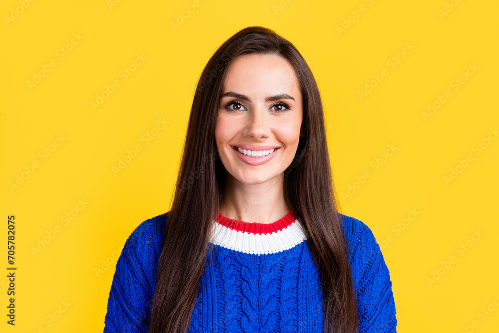 Poster Closeup portrait of mature aged stunning latin happy woman wear blue knitted jumper glad to see you isolated on yellow color background