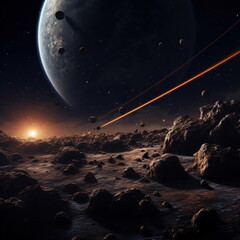 Mystical Space Landscape, Asteroid belt and Planet