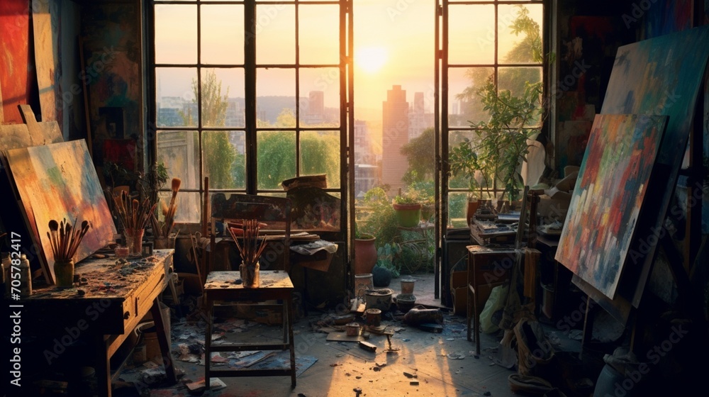 Poster an artist's studio with golden light streaming through large windows, colorful canvases in progress,