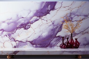  a marbled wall with vases and a vase of flowers on a marbled table with a marbled wall behind it and a vase of flowers on a marbled table.