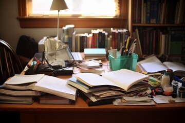 Books on the study table in the room. Back to school concept.
