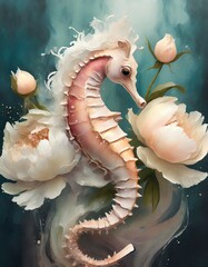 Seahorse with flowers painting  - obrazy, fototapety, plakaty