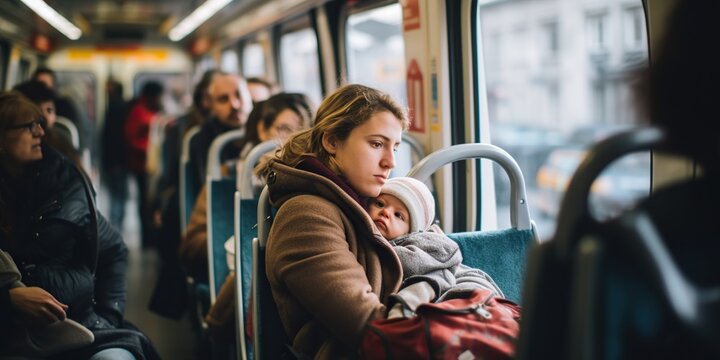 Urban mother with stroller struggling in crowded public transport, concept of Urbanization