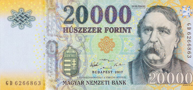 Banknote features portrait of Ferenc Deak Hungarian 20,000 forint cash
