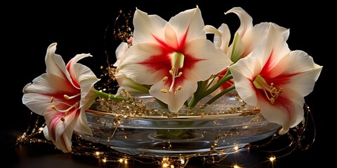 christmas amaryllis arrangement with fairy lights stars
