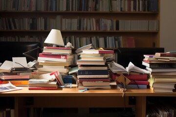 Messy pile of books on table in library, education concept.